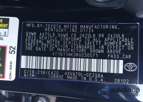 2024 Toyota Camry Se from USA, damaged, VIN 4T1G11AK3RU230571